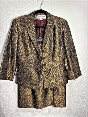 VTG Noviello-Bloom Metallic Gold Paisley Brocade Skirt Suit Set Size 6 USA